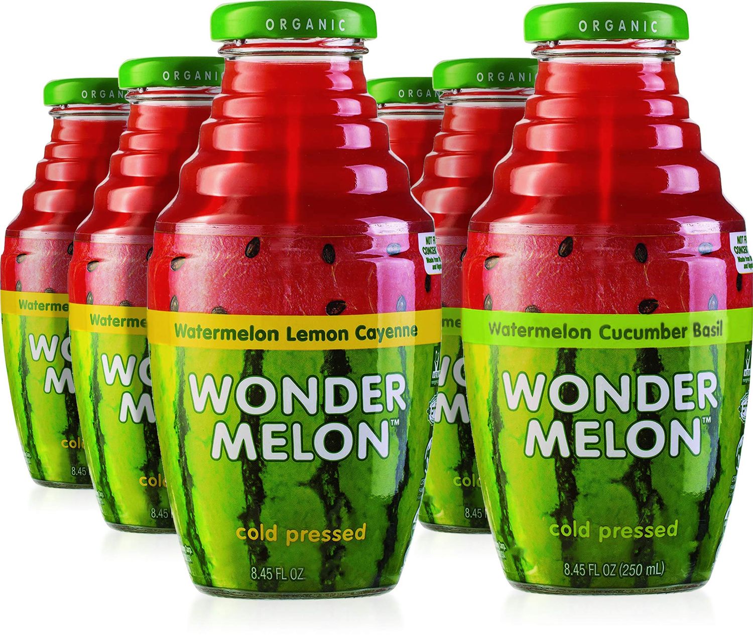 Wonder Melon Organic Watermelon Juice, Cold Pressed, (Variety 6 Pack) 3 Watermelon with Basil Cucumber &amp; 3 Watermelon with Lemon Cayenne