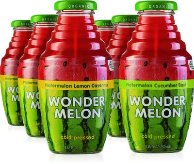 Wonder Melon Organic Watermelon Juice, Cold Pressed, (Variety 6 Pack) 3 Watermelon with Basil Cucumber &amp; 3 Watermelon with Lemon Cayenne