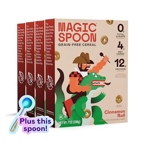 Magic Spoon Cereal - Cinnamon Roll 4-Pack of Cereal and Spoon - Keto &amp; Low Carb Lifestyles, Gluten &amp; Grain Free, High Protein, 0g Sugar