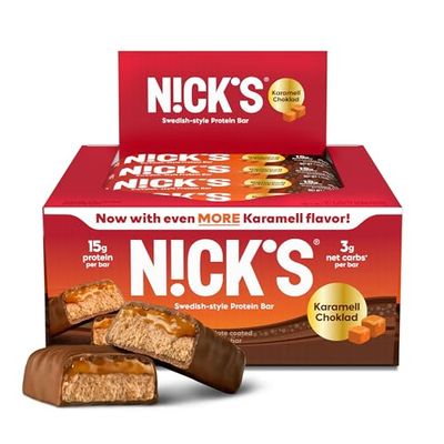 Nick&#39;s Protein Bars Chocolate Caramel | 15g protein | 190 calories | Low Carb Keto Friendly Snacks No Added Sugar (Multipack 12 bars x 50g)