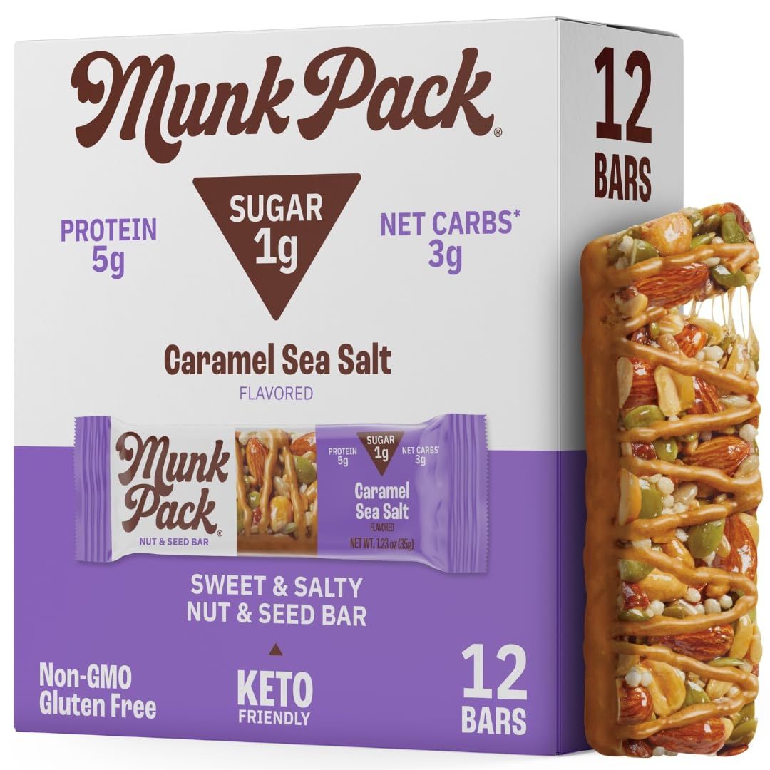 Munk Pack Nut &amp; Seed Bar Caramel Sea Salt | 1g Sugar, Low Carb &amp; Keto, 5g Protein | Gluten Free, Plant Based, Zero Added Sugar | Sweet &amp; Salty Breakfast &amp; Snack Bars | 12 Count