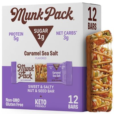 Munk Pack Nut &amp; Seed Bar Caramel Sea Salt | 1g Sugar, Low Carb &amp; Keto, 5g Protein | Gluten Free, Plant Based, Zero Added Sugar | Sweet &amp; Salty Breakfast &amp; Snack Bars | 12 Count