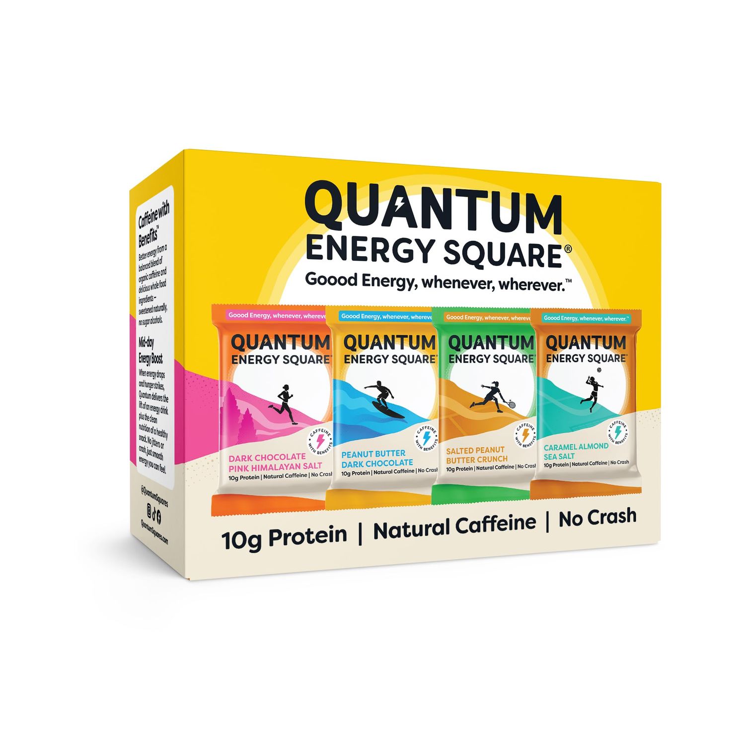 Quantum Energy Square: Energy Bar with Caffeine &amp; 10g Protein. Delicious Healthy Snack On The Go. (Vegan, Gluten-free, Soy-free, Dairy-free). Flavor: Variety 8Pk