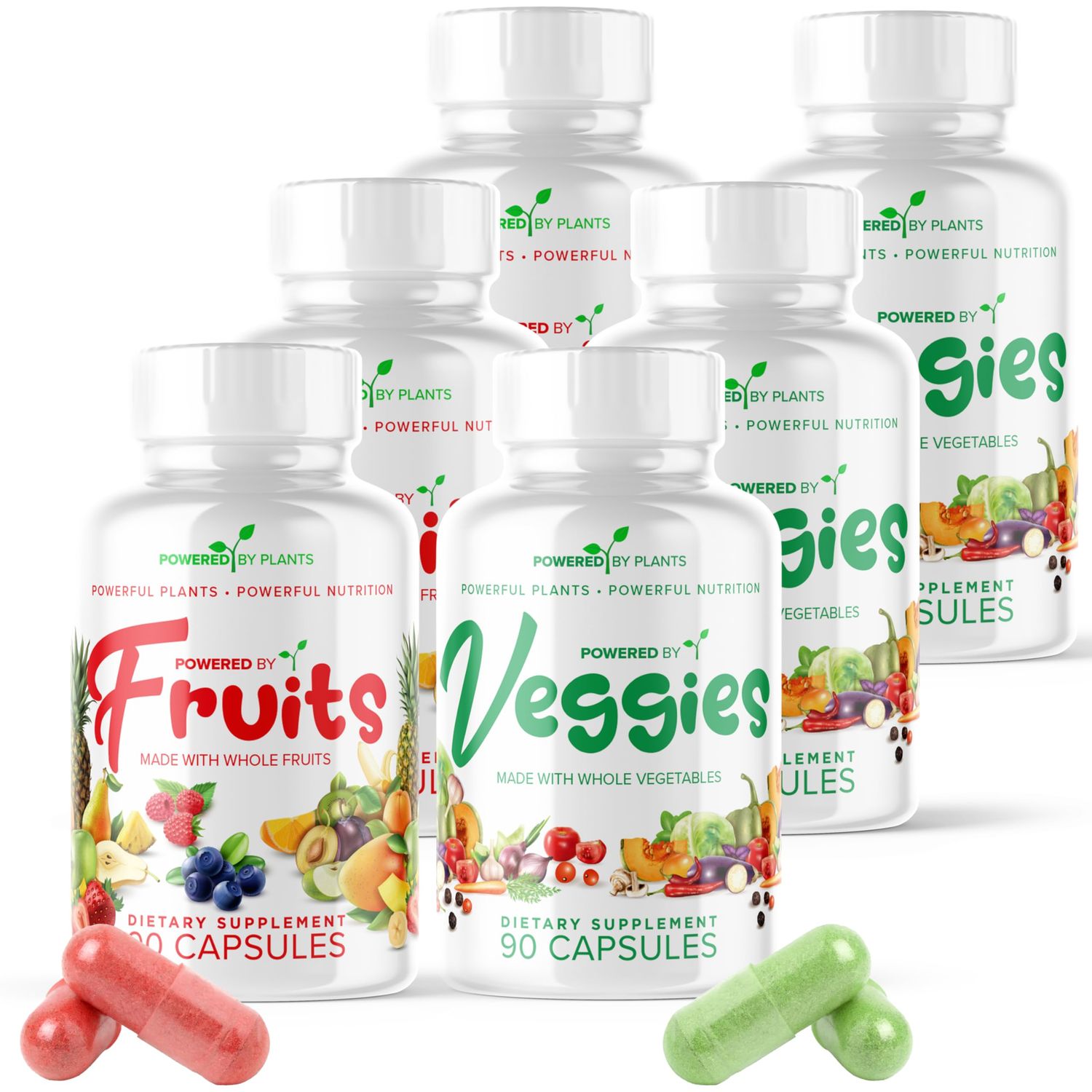 POWERED X PLANTS Fruits &amp; Veggies Capsules - Natural Superfood Packed with Vitamins &amp; Minerals - Fruit &amp; Vegetable Supplements for Adults Pack of 6, 90 Capsules Each