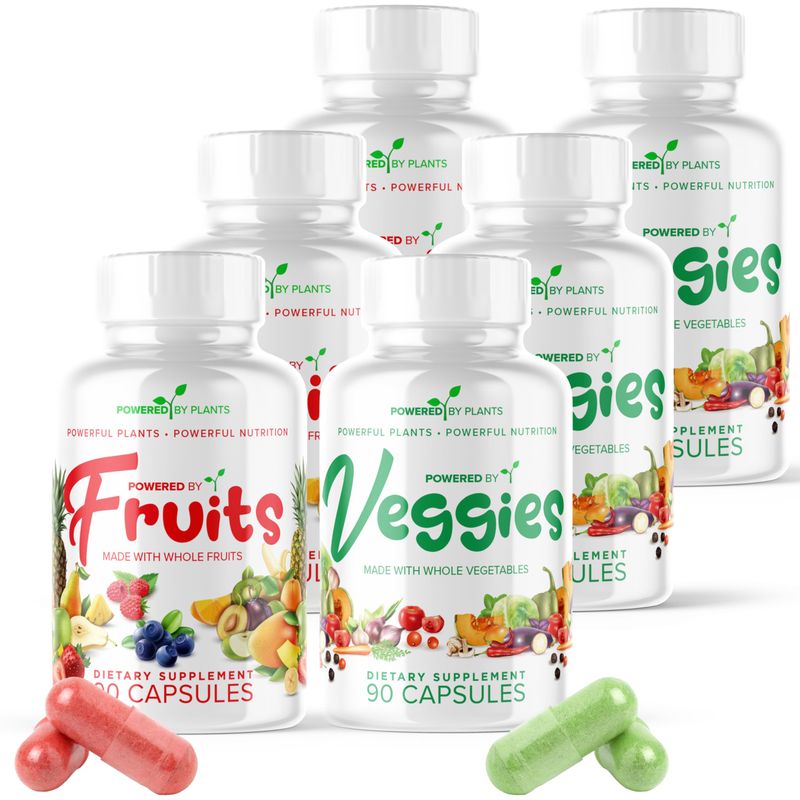 POWERED X PLANTS Fruits &amp; Veggies Capsules - Natural Superfood Packed with Vitamins &amp; Minerals - Fruit &amp; Vegetable Supplements for Adults Pack of 6, 90 Capsules Each