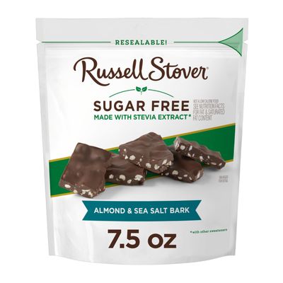 RUSSELL STOVER Sugar Free Dark Chocolate Almond &amp; Sea Salt Bark, 7.5 oz bag ( 24 pieces)