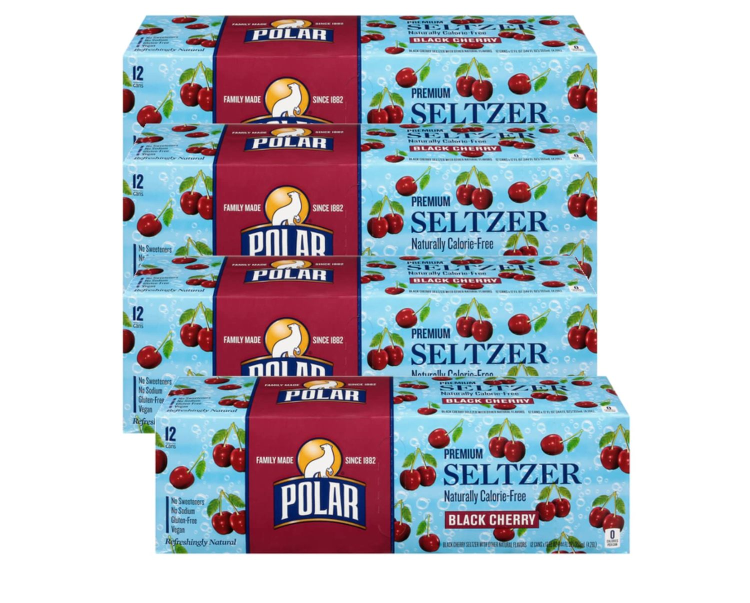 Polar Seltzer Water Black Cherry 100% Natural Sparkling Soda Beverage Soft Drink Cans - 4 Cases (48 Pack)