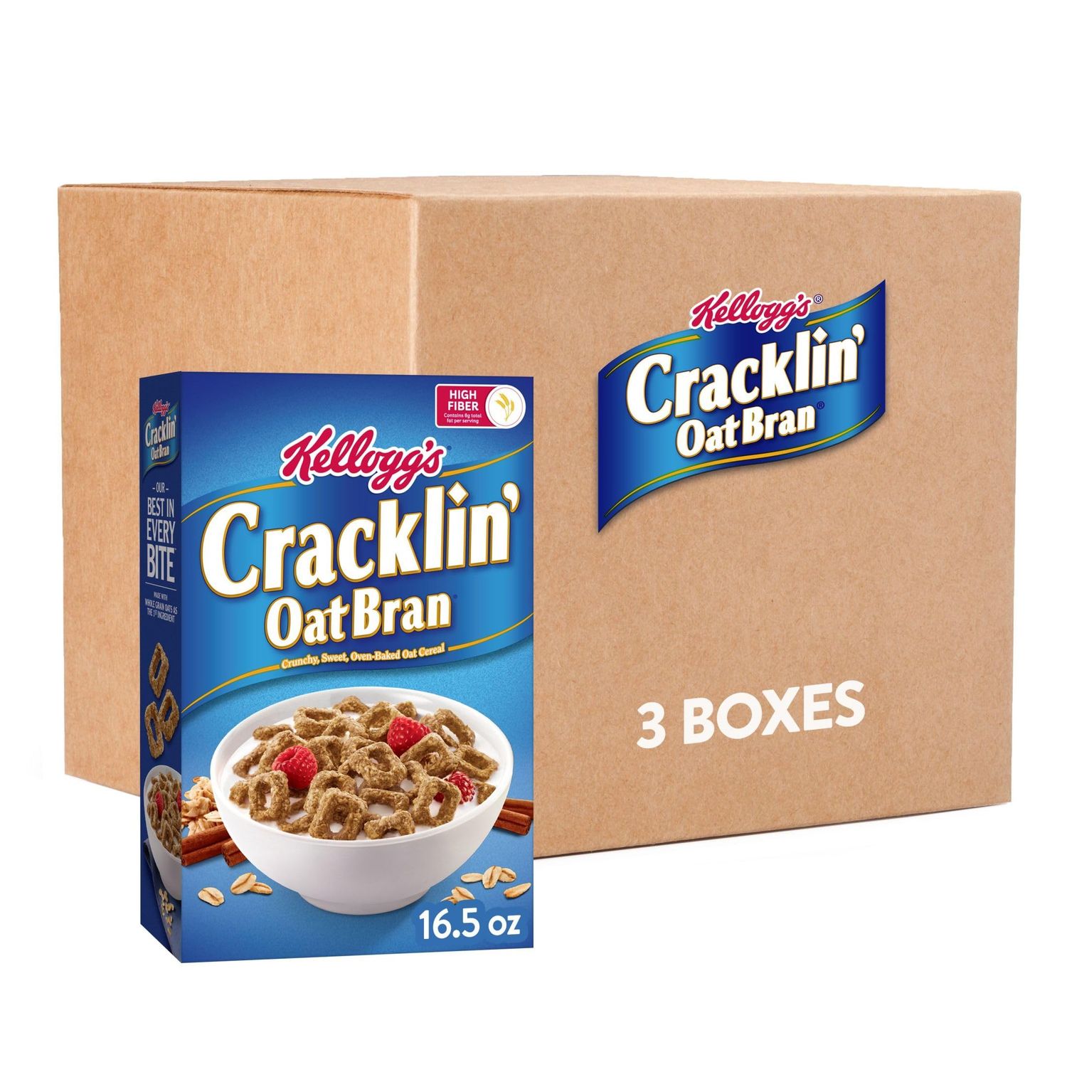 Kellogg&#39;s Cracklin&#39; Oat Bran Breakfast Cereal, Fiber Cereal, Family Cereal, Original (3 Boxes)