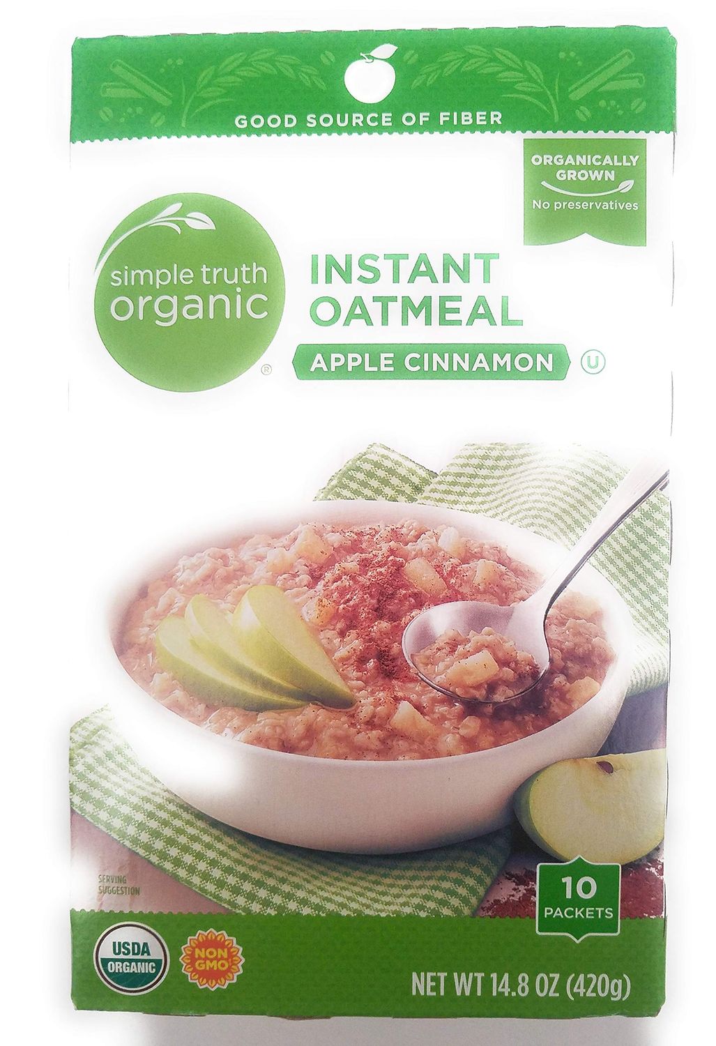 Simple Truth USDA Organic Instant Oatmeal Apple Cinnamon 10 Packets Non GMO (Pack of 2)