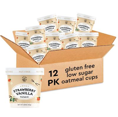 Mylk Labs Maple Strawberry Gluten Free Oatmeal Cups - Low Sugar Breakfast, High Fiber Thin Rolled Oats, High Protein Instant Oatmeal, Non GMO, Vegan, Nut Free - 12 Pack