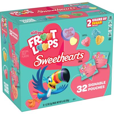 Kelloggs Froot Loops Sweethearts Cereal Snacks, Valentine&#39;s Day Snacks, Lunch Snacks, Original, 6.4oz Box (32 Pouches)