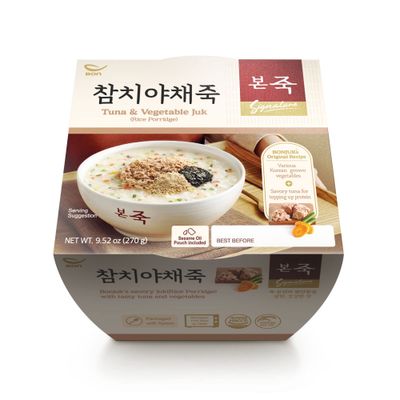 BONJUK Tuna &amp; Vegetable Juk(Porridge) Bowl - Korean soup stew Kfood, Hearty Breakfast Oat Meal - 9.5oz(270g), bowl type