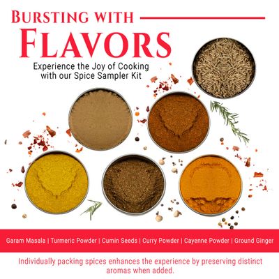 Indian Spice Sampler Kit Gift Set by Flavor Temptations | 6 Salt-free, Gluten-free Spices including Garam Masala, Turmeric, Cumin, Curry powder | 3 Indian Food Recipes