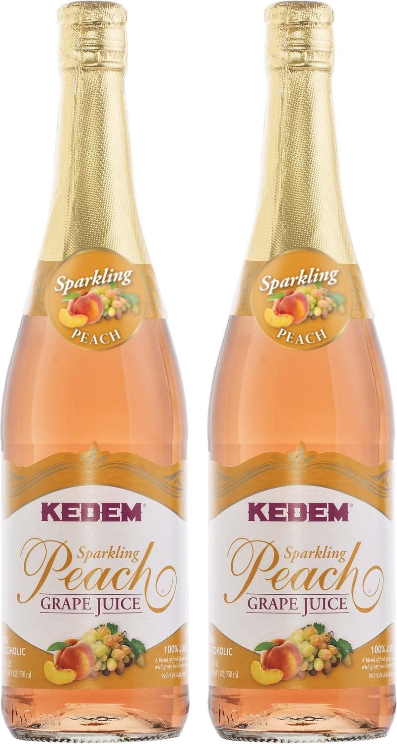 Kedem Sparkling Peach Flavored Grape Juice 25.4oz (2 Pack), No Added Sugar, Non Alcoholic, Kosher for Passover