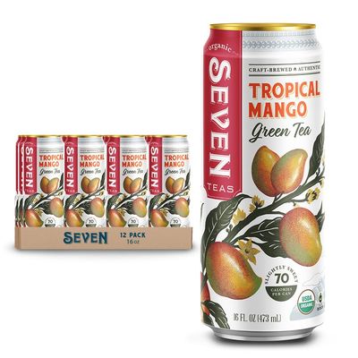 SevenTeas Tropical Mango Green Tea, 16 OZ (Pack of 12 Cans), Organic Iced Tea