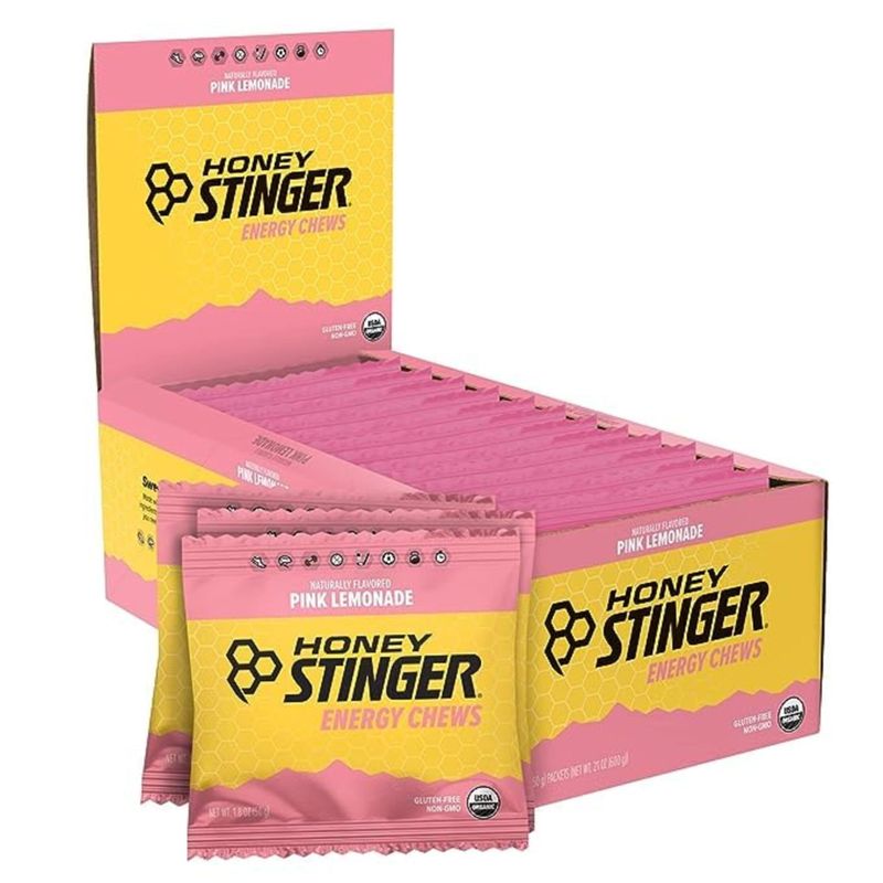 Honey Stinger Organic Pink Lemonade Energy Chew | Gluten Free &amp; Caffeine Free | for Exercise, Running and Performance | Sports Nutrition for Home &amp; Gym, Pre and Mid Workout | 12 Pack, 21.6 Ounce