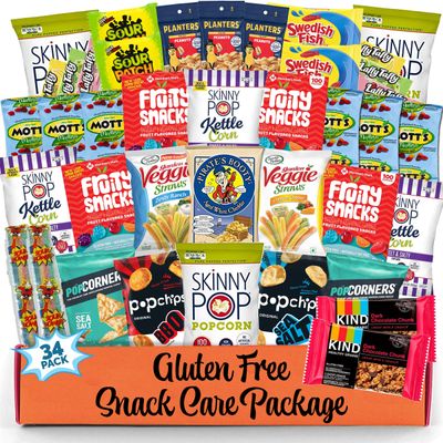 Snack Box gluten free Healthy Snacks Care Package (34 Count) for College Students, Exams, Father's Day, Military, Finals, Office and Gift Ideas. Chips, Popcorn, and granola Bars.
