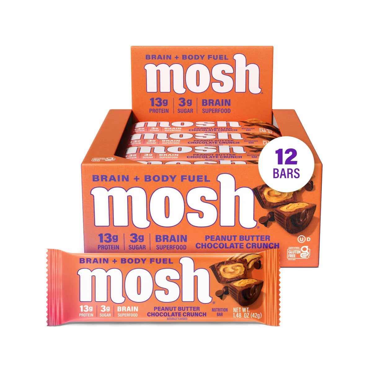MOSH Peanut Butter Chocolate Keto Protein Bars, High Protein, Gluten Free, Brain Healthy Snack with Ashwagandha and Lions Mane, 12 Count