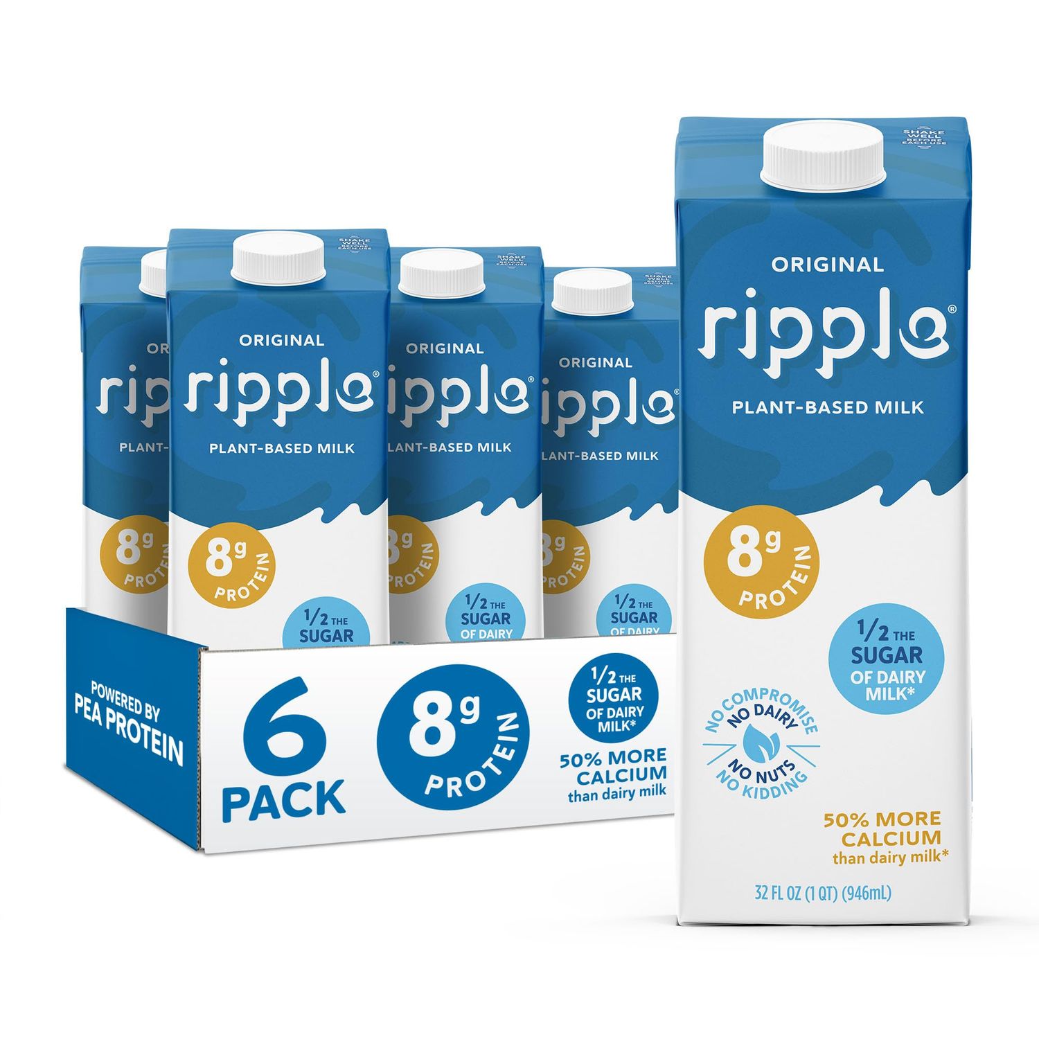 Ripple Original Plant Based Milk | 8g of Quality Sourced Pea Protein, Calcium Rich | Shelf Stable | Vegan &amp; Non GMO Certified | Dairy, Soy, Nut, Gluten, &amp; Lactose Free | 32 Fl Oz Cartons (Pack of 6)