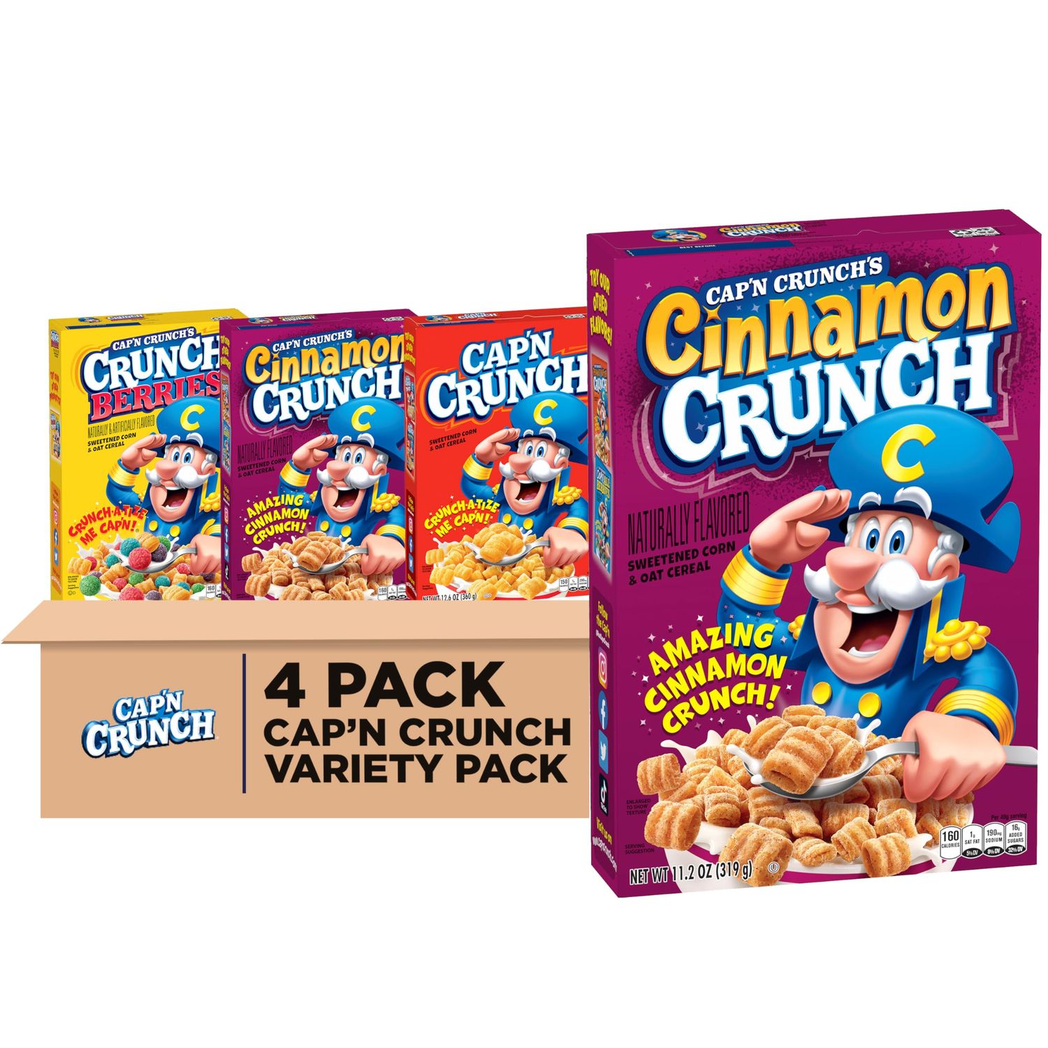 Cap&#39;n Crunch Cereal, Cinnamon, Original &amp; Crunch Berries Variety Pack (4 Pack)