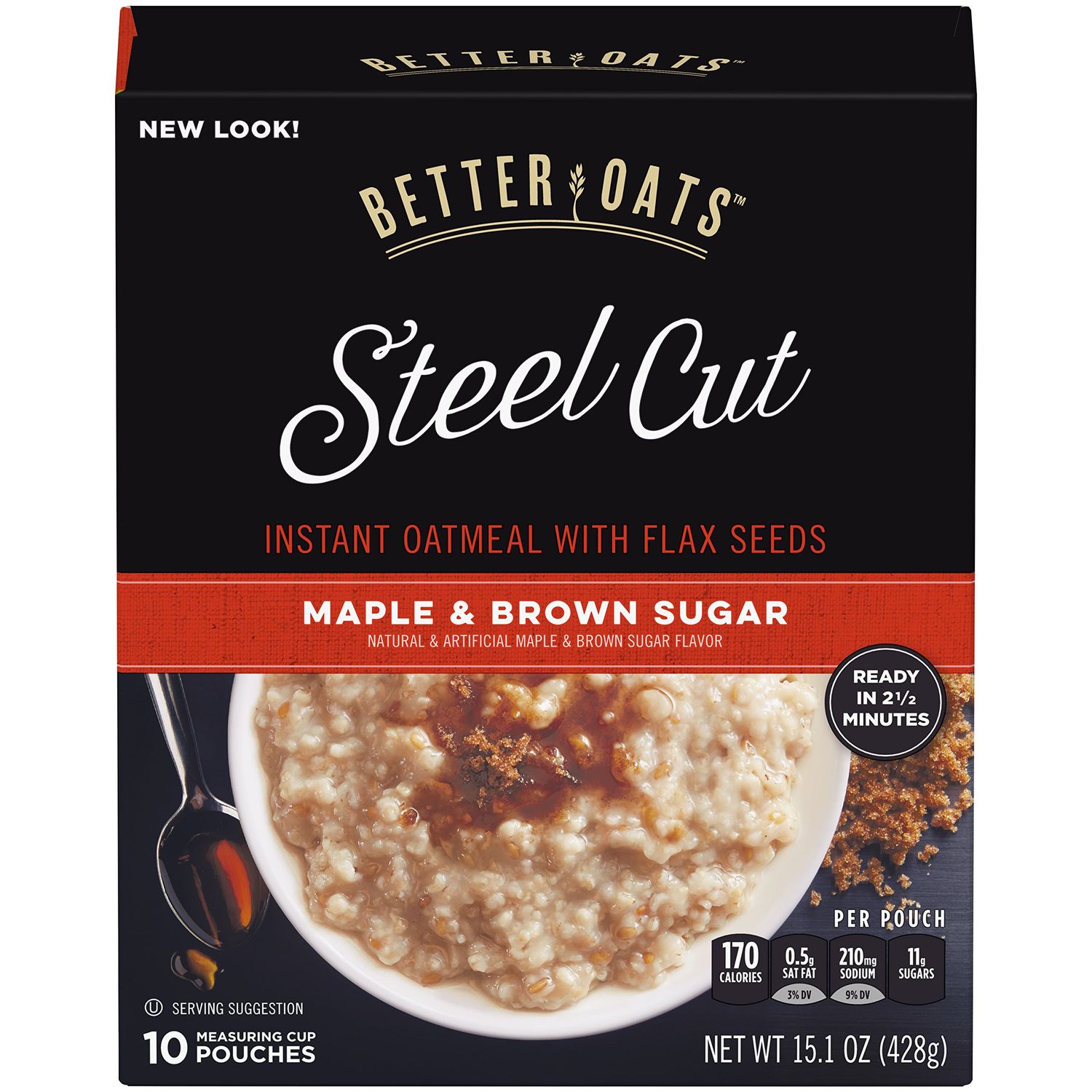 Better Oats Maple and Brown Sugar Steel Cut Oatmeal Packets, Instant Oatmeal Packets with Steel Cut Oats and Flax Seeds, Ready in 2.5 Minutes, Maple Brown Sugar Flavor, Pack of 6, 15.1 OZ Pack
