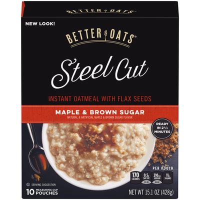 Better Oats Maple and Brown Sugar Steel Cut Oatmeal Packets, Instant Oatmeal Packets with Steel Cut Oats and Flax Seeds, Ready in 2.5 Minutes, Maple Brown Sugar Flavor, Pack of 6, 15.1 OZ Pack