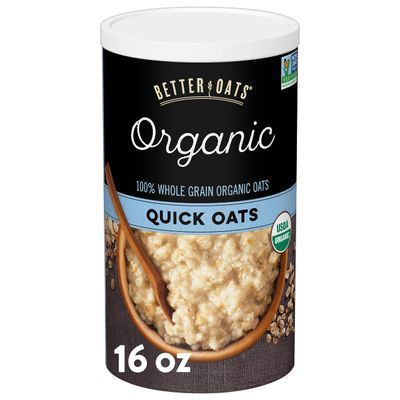 Better Oats Organic Quick Oats, Organic Oats for Quick Oatmeal and Overnight Oats, Certified USDA Organic, Sodium Free, Cholesterol Free, 16 OZ Resealable Canister