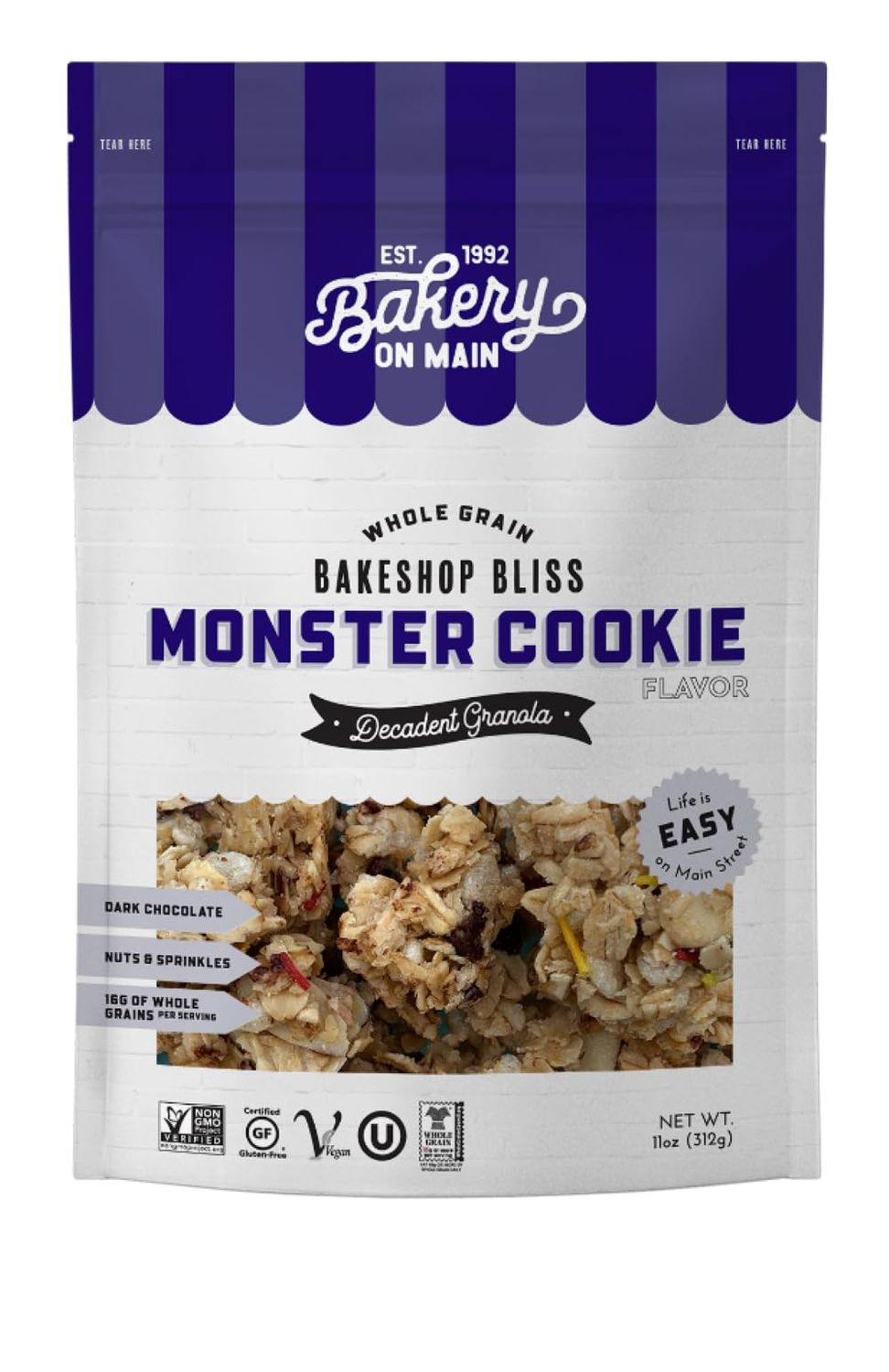 Bakery On Main Decadent Granola, Monster Cookie - Whole Grain Bakeshop Bliss, Gluten-Free, Vegan, Non-GMO, 11oz