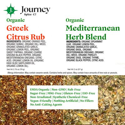 Gourmet Organic Greek Citrus Rub &amp; Mediterranean Herb Blend Seasoning Gift Set by Journey Spice Co. | Salt-Free | No MSG | Greek Spice Seasoning