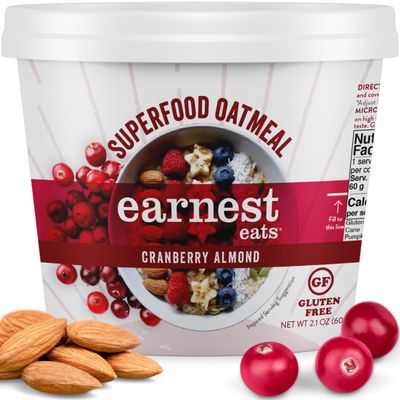 Earnest Eats Superfood Oatmeal with Cranberries + Almond + Flax- Easy On the Go Cups, Vegan, Plant Based Protein, Non-GMO, Gluten Free (6 pack)