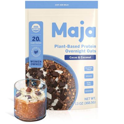 Maja Organic Plant-Based Protein Oats - Cacao + Coconut Overnight Oats, 5 Servings (68g) Vegan, Gluten Free Oats, Delicious Instant Oatmeal, Quick &amp; Filling Breakfast with Clean Ingredients