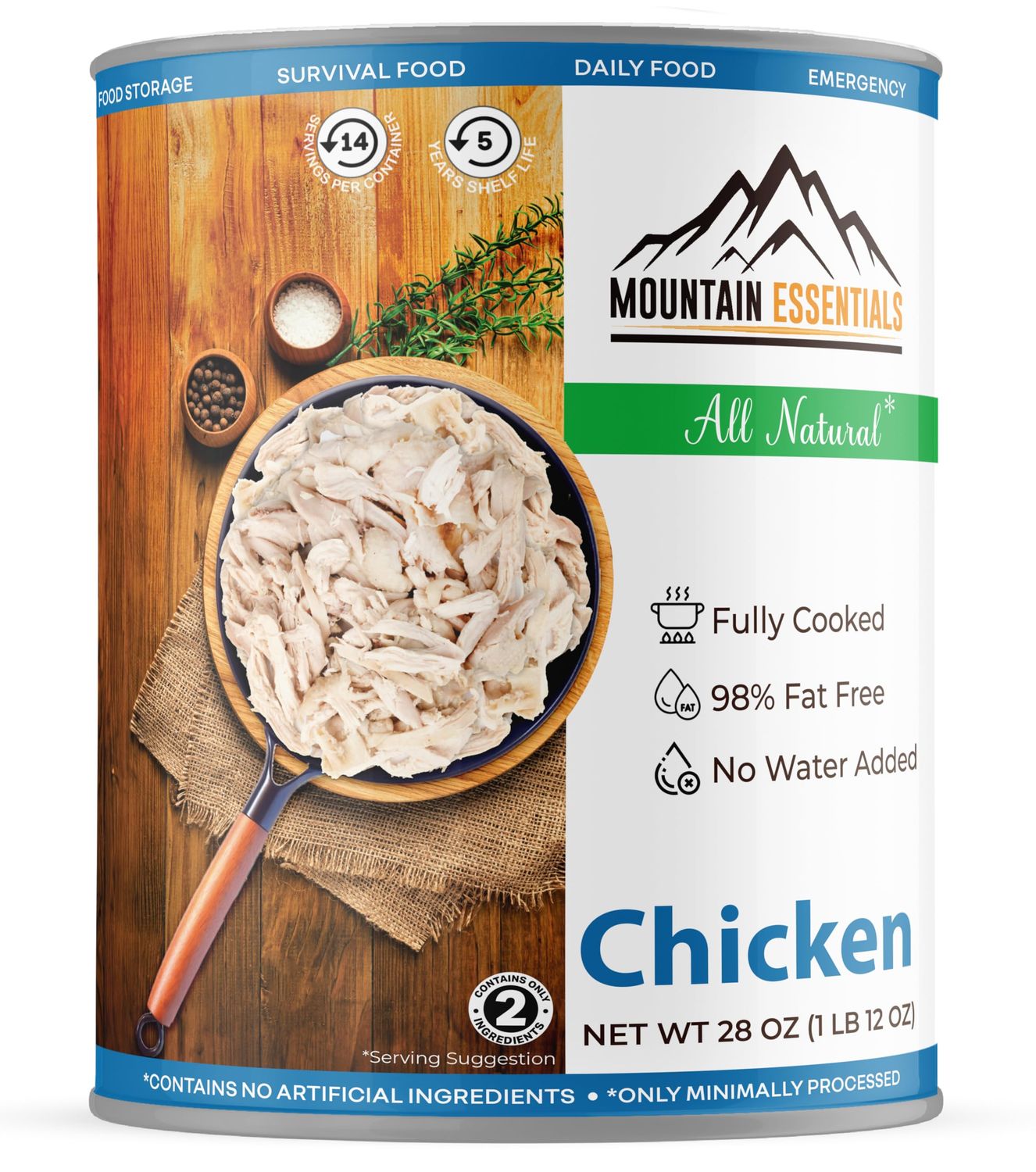 MOUNTAIN ESSENTIALS All Natural Fully Cooked Chicken 28 Oz Recipe Ready Canned Meat No Water Added | No Carbs | No Preservatives Daily Food Perfect for Camping or Home Meals Emergency Food Pack of 1