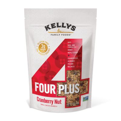 Kelly&#39;s Four Plus Granola (Cranberry Nut) Granola Cereal with Whole Grain Oats, Honey, Maple Syrup - Non-GMO, Low Sugar, Sodium Free and Gluten Free Granola for Yogurt - 12oz