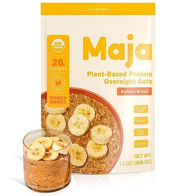 Maja Organic Plant-Based Protein Oats - Banana Bread Overnight Oats, 5 Servings (68g) Vegan, Gluten Free Oats, Delicious Instant Oatmeal, Quick &amp; Filling Breakfast with Clean Ingredients
