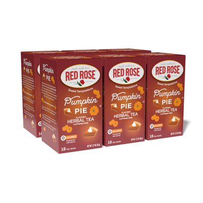 Red Rose Sweet Temptations Dessert Tea Pumpkin Pie, Zero Carbs, Zero Sugar Bursting with Flavor Caffeine-Free Delicious Beverage Herbal Tea, 18 Count Pack of 6 Fruit Naturally Flavored Black Tea