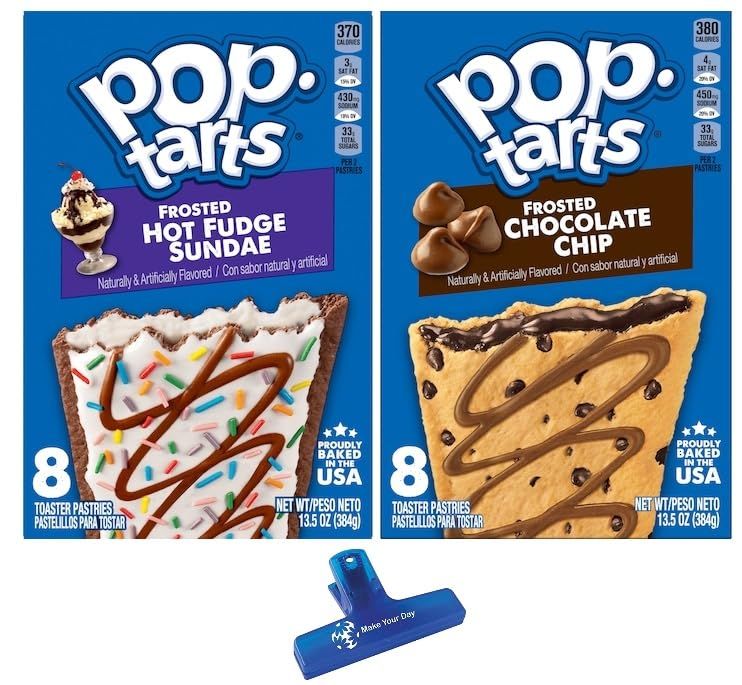 Pop Tarts Frosted Toaster Pastries, Hot Fudge Sundae, Chocolate Chip, 13.5 Ounce (Pack of 2) - with Make Your Day Bag Clip