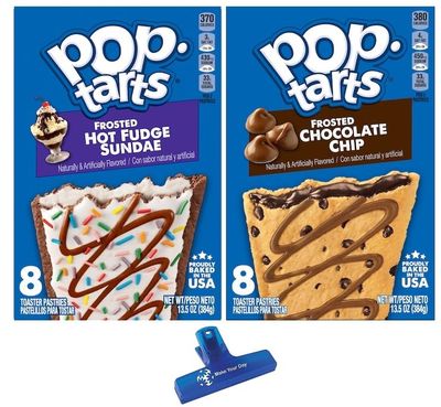 Pop Tarts Frosted Toaster Pastries, Hot Fudge Sundae, Chocolate Chip, 13.5 Ounce (Pack of 2) - with Make Your Day Bag Clip