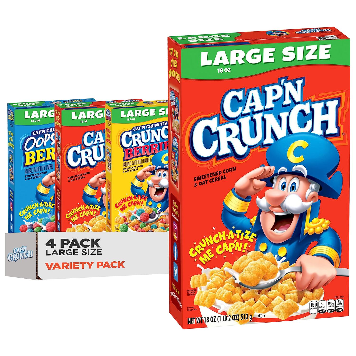 Cap&#39;n Crunch Cereal, 3 Flavor Variety Pack, Large Size Boxes, (4 Pack)