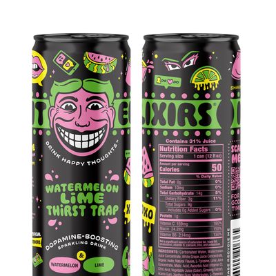 Illicit Elixirs - Sparkling Juice Mocktails with Real Fruit Juices and Functional Amino Acid Blend that Supports Dopamine Production - Non-Alcoholic &amp; Caffeine Free (12 Pack, Watermelon Thirst Trap)