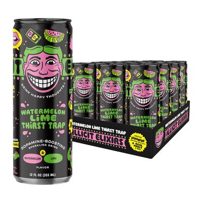 Illicit Elixirs - Sparkling Juice Mocktails with Real Fruit Juices and Functional Amino Acid Blend that Supports Dopamine Production - Non-Alcoholic &amp; Caffeine Free (12 Pack, Watermelon Thirst Trap)