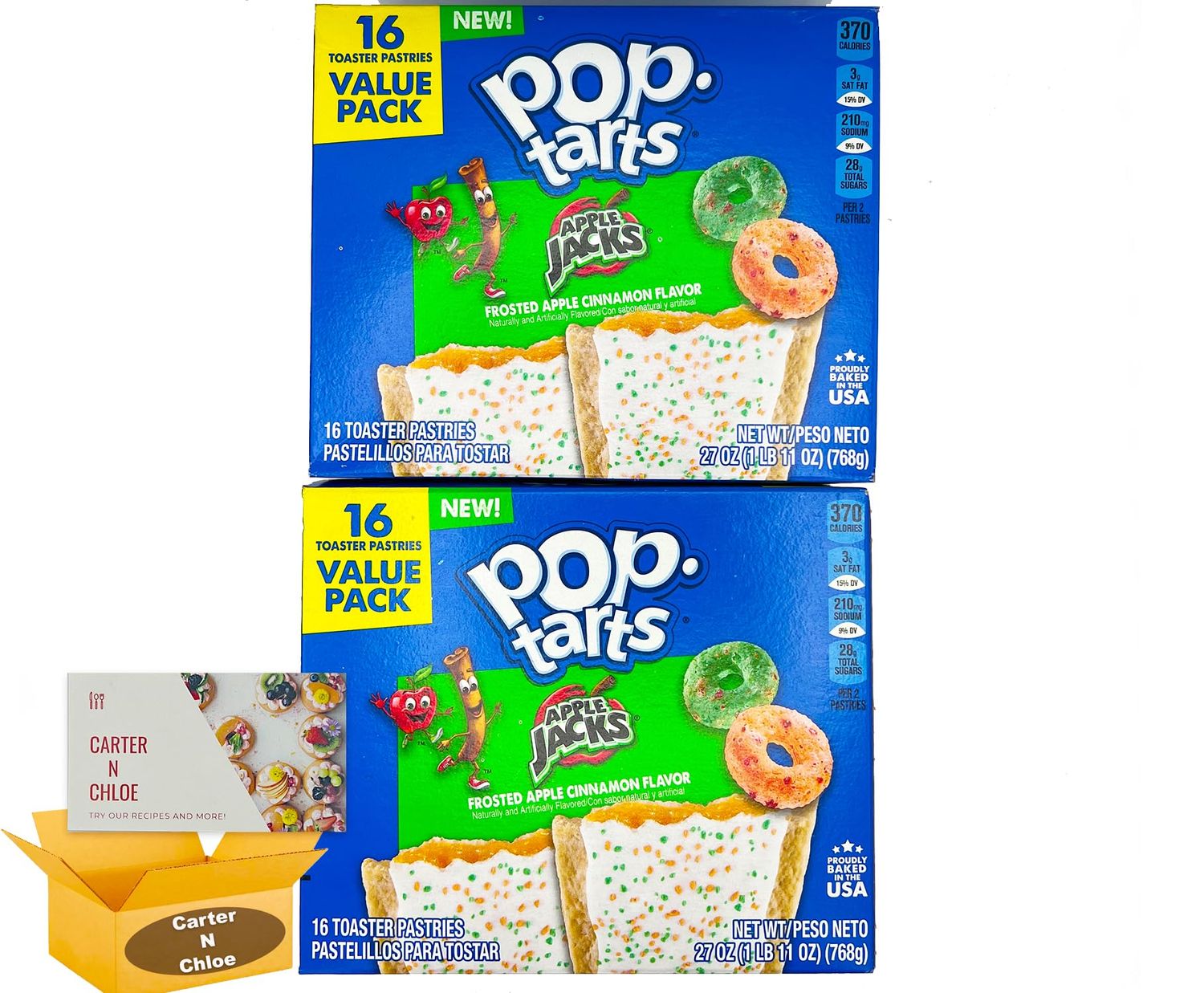 Pop-Tarts Frosted Apple Cinnamon Flavor Breakfast Toaster Pastries, 27 oz, 16 Count set of 2 | Exclusive Carter N Chloe recipe card!