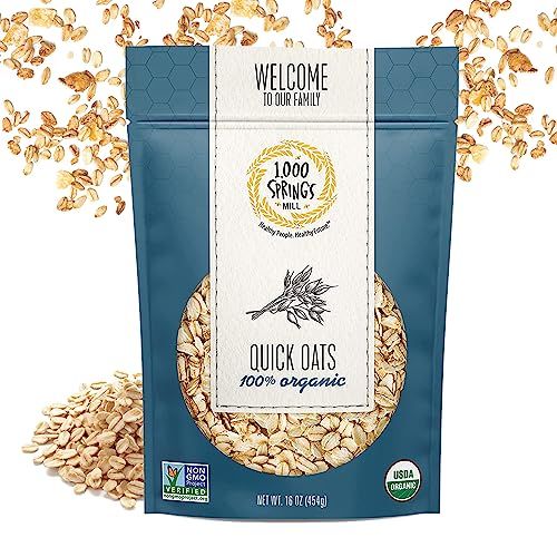1000 Springs Mill - Organic Quick Oats | Used for breakfast Oatmeal, Muffins, Granola Bars, Cookies, or Other Baked Goods | Bulk Dried Oats | Resealable Bag | 16oz (Pack of 1)