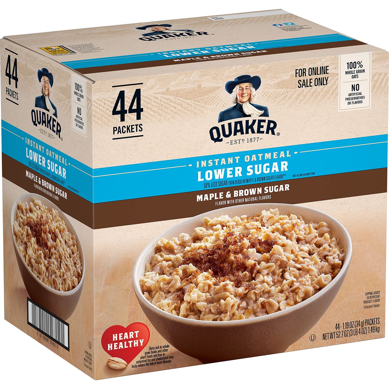 Quaker Instant Oatmeal Lower Sugar, Maple &amp; Brown Sugar, 1.19 Oz, Pack of 44