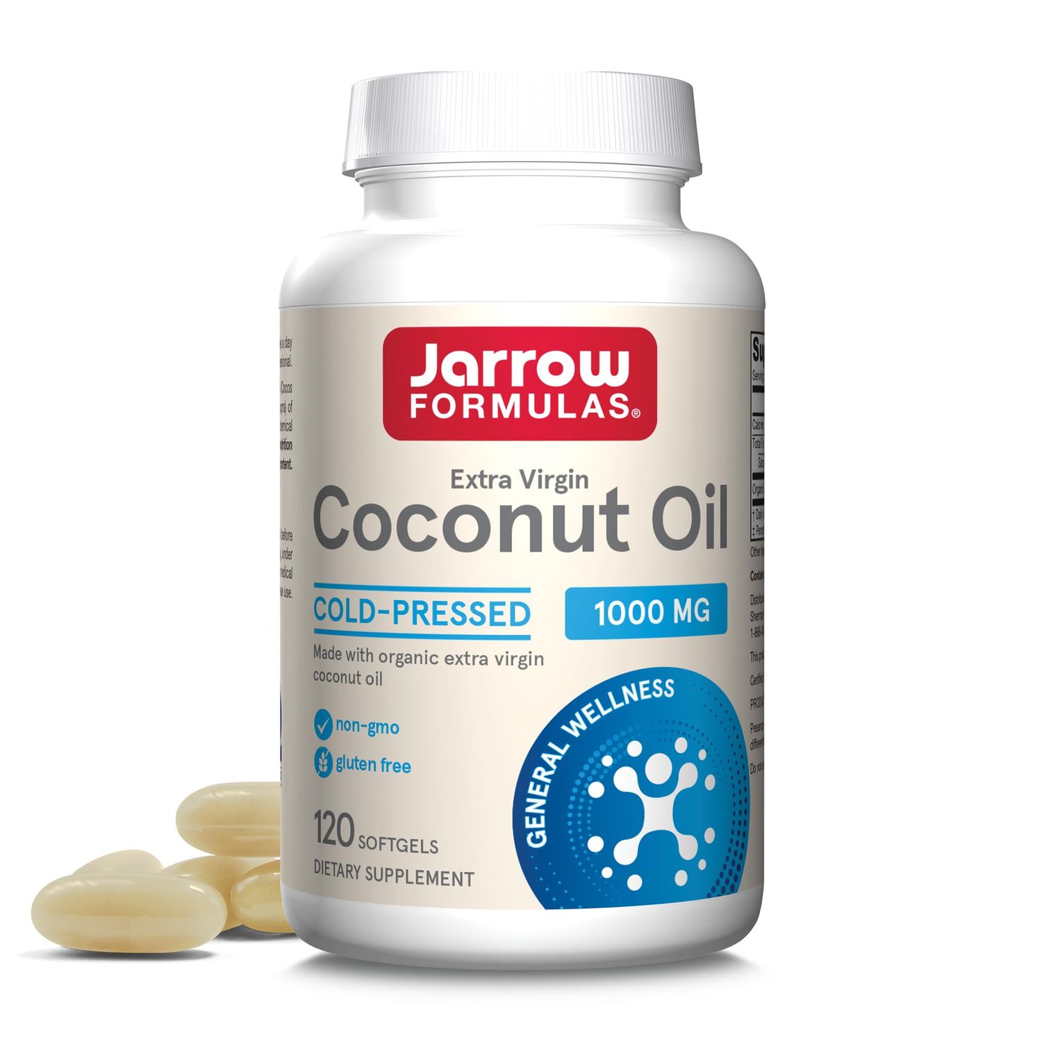 Jarrow Formulas Extra Virgin Coconut Oil 1,000 mg, Dietary Supplement, Made with Organic Extra Virgin Coconut Oil, 120 Softgels, 120 Day Supply