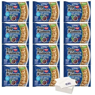 Nissin Top Ramen, Soy Sauce Flavor, The Original Instant Ramen, (3oz. 12-Pack) - with Bay Area Marketplace Napkins