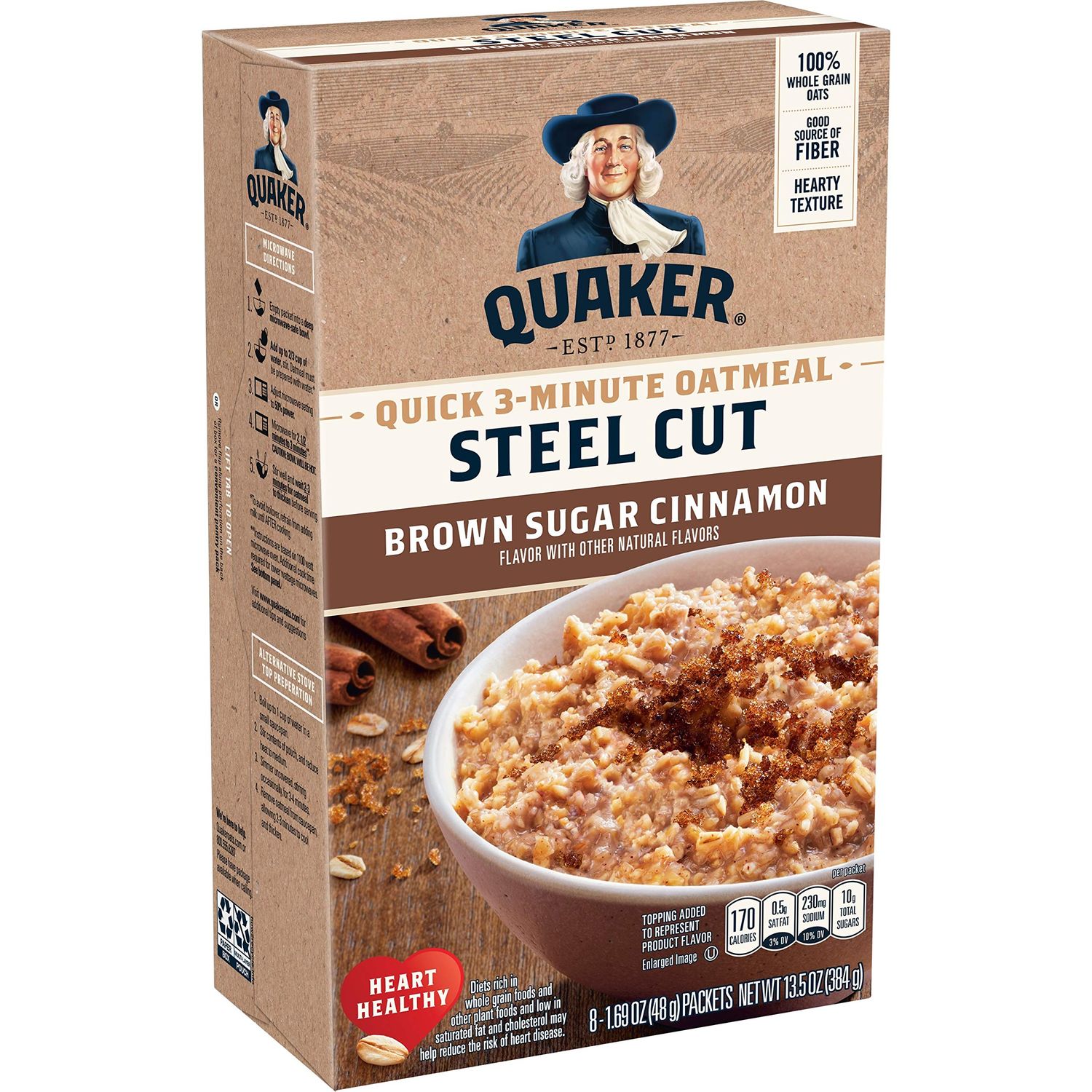 Quaker Steel Cut Quick 3-minute Oatmeal, Quick Steel Cut, Brown Sugar and Cinnamon, 13.5 oz, - 8 Count (Pack of 6) total- 48 count