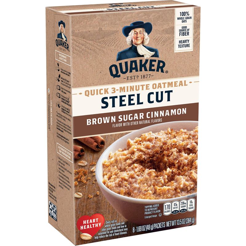 Quaker Steel Cut Quick 3-minute Oatmeal, Quick Steel Cut, Brown Sugar and Cinnamon, 13.5 oz, - 8 Count (Pack of 6) total- 48 count