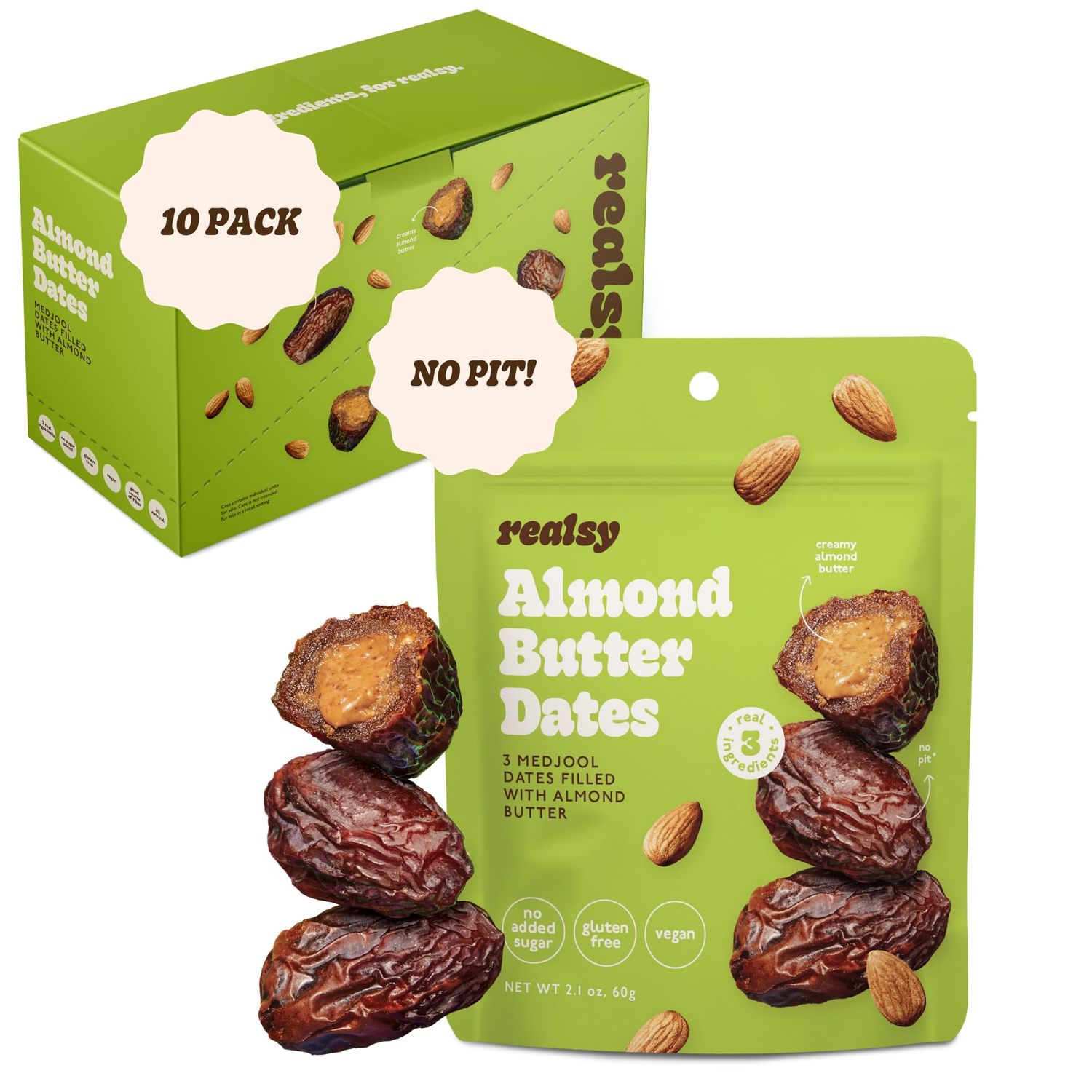 Realsy Almond Butter Filled Medjool Dates, Organic Dates with No Sugar Added, Gluten-Free, Vegan, Good Source of Fiber, Low Glycemic Index, All Natural Healthy Snack, (10 Pack)