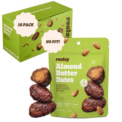 Realsy Almond Butter Filled Medjool Dates, Organic Dates with No Sugar Added, Gluten-Free, Vegan, Good Source of Fiber, Low Glycemic Index, All Natural Healthy Snack, (10 Pack)