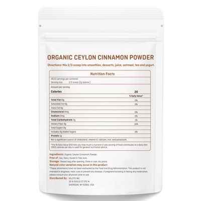 VELOTO Ceylon Cinnamon Powder Organic Cinnamon Powder, Freshly Ground Cinnamon Pure Bulk Cinnamon Spice, Kosher &amp; Organic Certified, Non-GMO Third Party Tested for Purity, Gluten Free, Vegan, 2lb